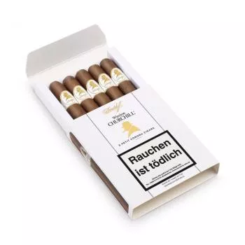 Davidoff Winston Churchill Petit Corona Packung weiß mit Logo und schwarzer Aufschrift. geöffnet