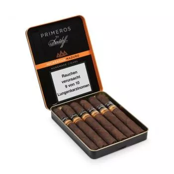 Davidoff Primeros Nicaragua Maduro Kiste schwarz und Orange mit silberner Aufschrift, geöffnet