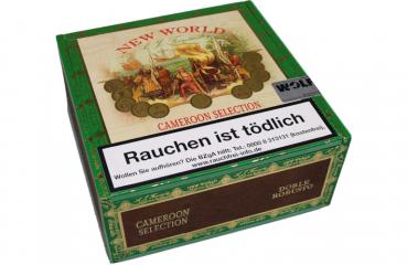 Aj Fernandez New World Cameroon Double Robusto Kiste grün und braun mit Logo und goldener Aufschrift, geschlossen