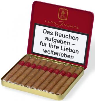 Leon Jimenes Petites Schachtel offen mit 10 Zigarren rot mit goldener Aufschrift