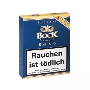 Bock Robusto Packung blau und gold mit Bock Logo weißer Aufschrift