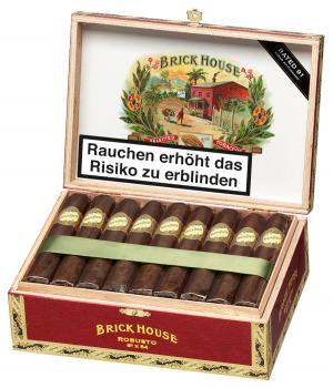 Brick House Robusto Kiste aus Holz, rot und weiß mit Logo und goldener Aufschrift, geöffnet
