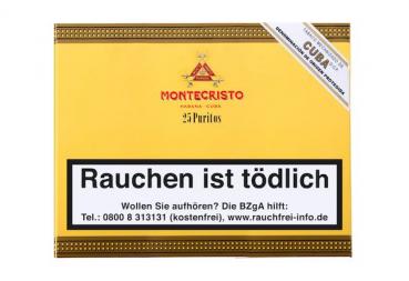 Montecristo Puritos 25er Kiste gelb mit Logo und roter Aufschrift, geschlossen
