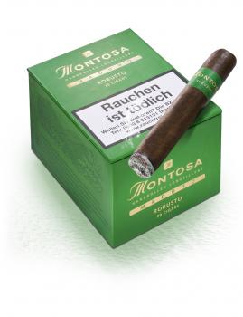 Montosa Maduro Robusto Zigarrenkiste grün mit Aufschrift und Logo und einzelner Zigarre