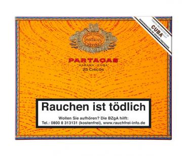 Partagas Chicos 25erKiste orange mit Logo und roter Aufschrift, geschlossen