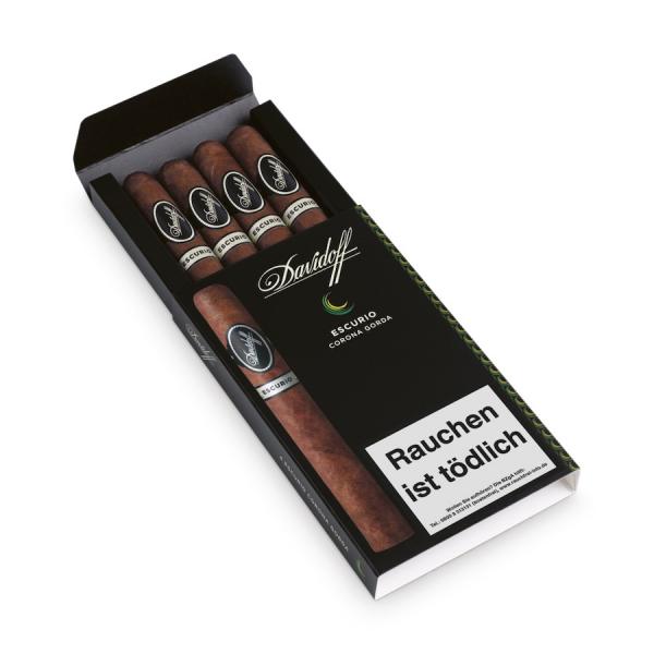 Davidoff Escurio Corona Gorda Packung schwarz mit silberner Aufschrift, geöffnet