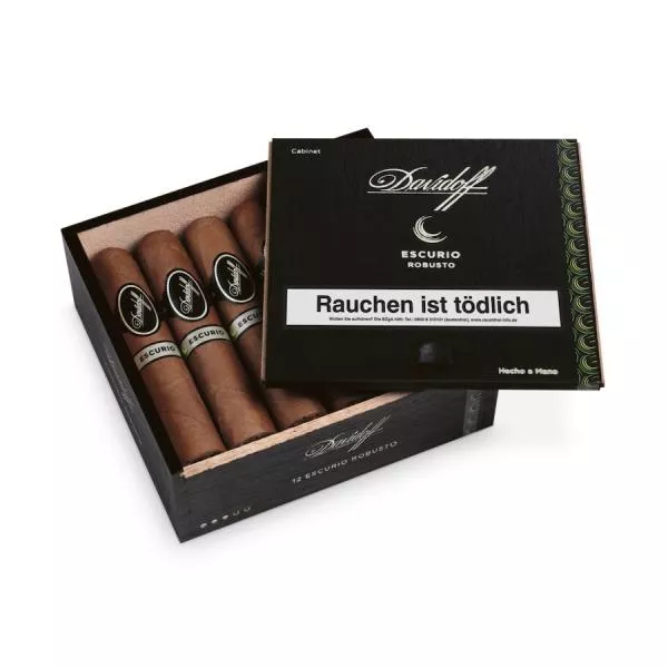 Davidoff Escurio Robusto Kiste schwarz mit silberner Aufschrift, geöffnet