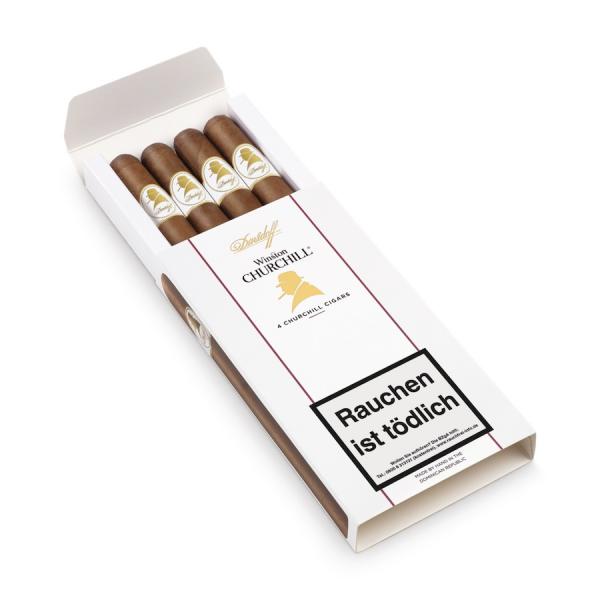 Davidoff Winston Churchill Packung offen mit Aufschrift und vier Zigarren