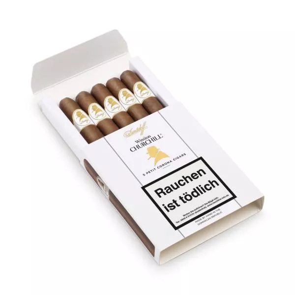 Davidoff Winston Churchill Petit Corona Packung weiß mit Logo und schwarzer Aufschrift. geöffnet