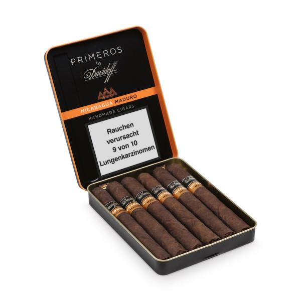 Davidoff Primeros Nicaragua Maduro Kiste schwarz und Orange mit silberner Aufschrift, geöffnet