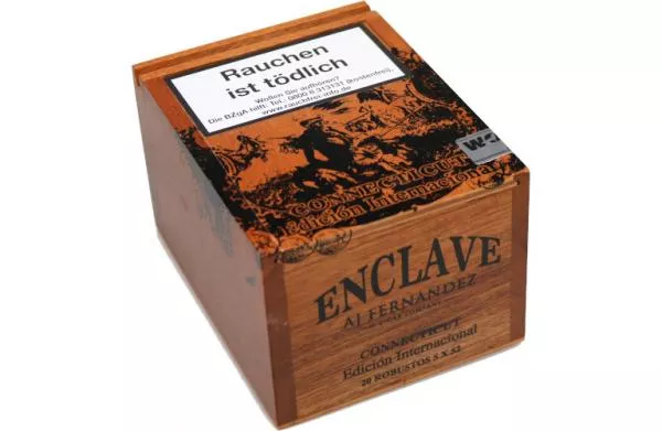 AJ Fernandez Enclave Connecticut Robusto Kiste aus Holz und Orange mit Logo, geschlossen