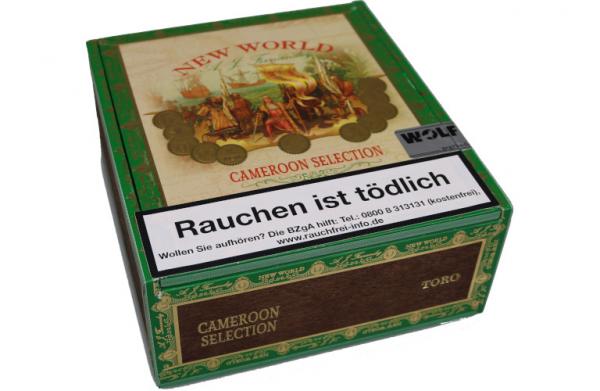 AJ Fernandez New World Cameroon Toro Kiste grün und Braun mit Logo und goldener Aufschrift, geschlossen