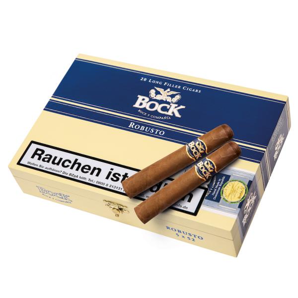 Bock Robusto Packung blau und gold mit weißer Aufschrift und zwei Zigarren darauf liegend