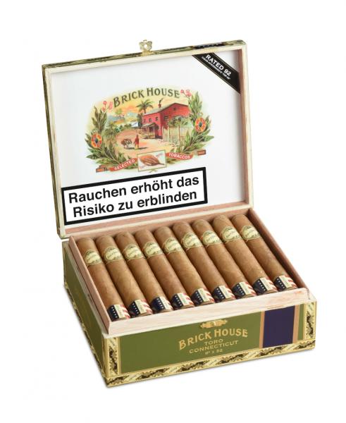 Brick House Double Connecticut Toro  Kiste weiß und Grün mit Logo und goldener Aufschrift, geöffnet