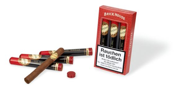 Brick House Traveler Tube Packung rot mit weißer Aufschrift, geöffnet 