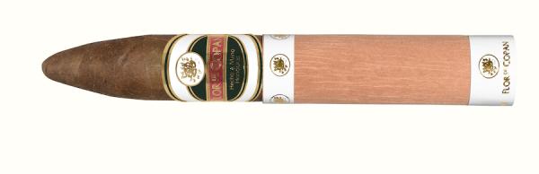 Flor de Copán Maduro Belicoso Zigarre einzeln mit weiß rotem Band und Logo