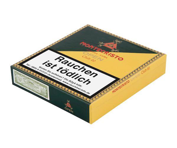 Montecristo Open Club 20er Packung gelb und grün mit Logo und roter Aufschrift, geschlossen