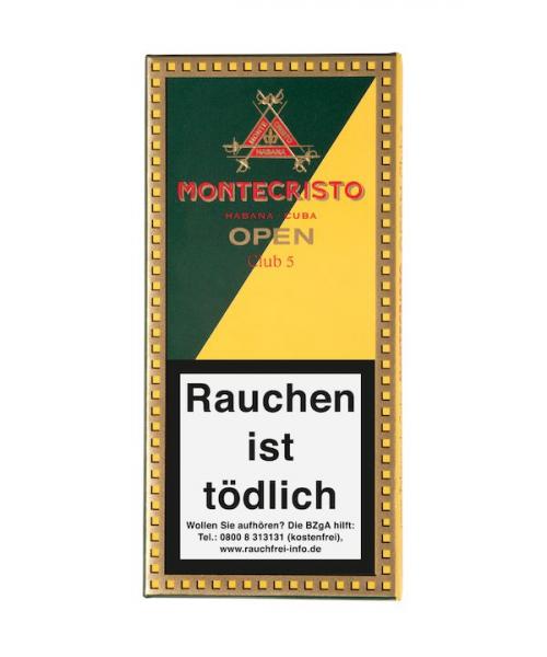 Montecristo Open Club 5er Packung gelb und grün mit Logo und roter Aufschrift, geschlossen