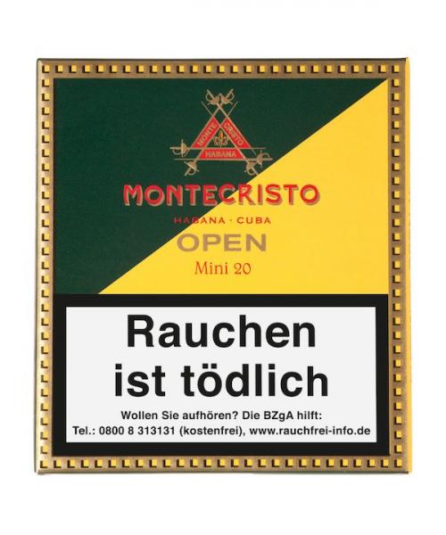 Montecristo Open Mini 20er Packung gelb und grün mit Logo und roter Aufschrift, geschlossen