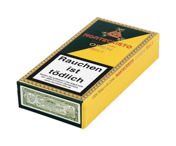 Montecristo Open Mini 5er Packung gelb und grün mit Logo und roter Aufschrift, geschlossen
