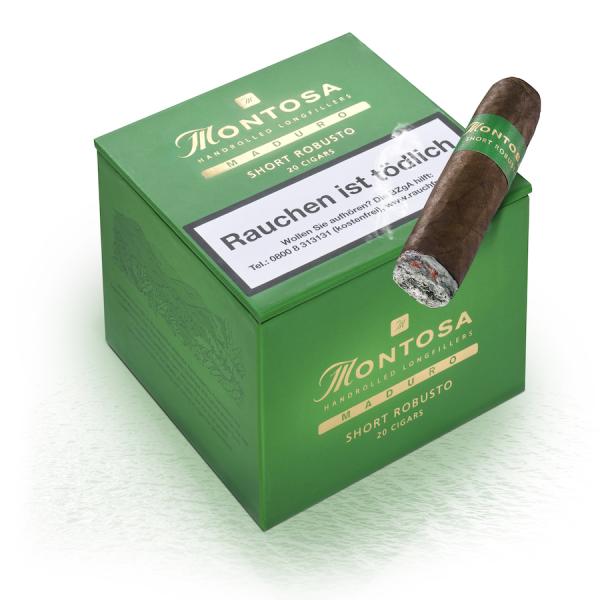 Montosa Maduro Short Robusto Kiste Grün mit goldener Aufschrift und Zigarre darauf liegend