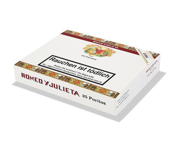 Romeo Puritos 25er Kiste weiß und rot mit Logo und schwarzer Aufschrift, geschlossen